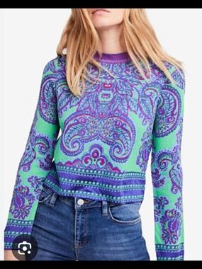 Free People Mint Green and Purple Paisley Crewneck Pullover